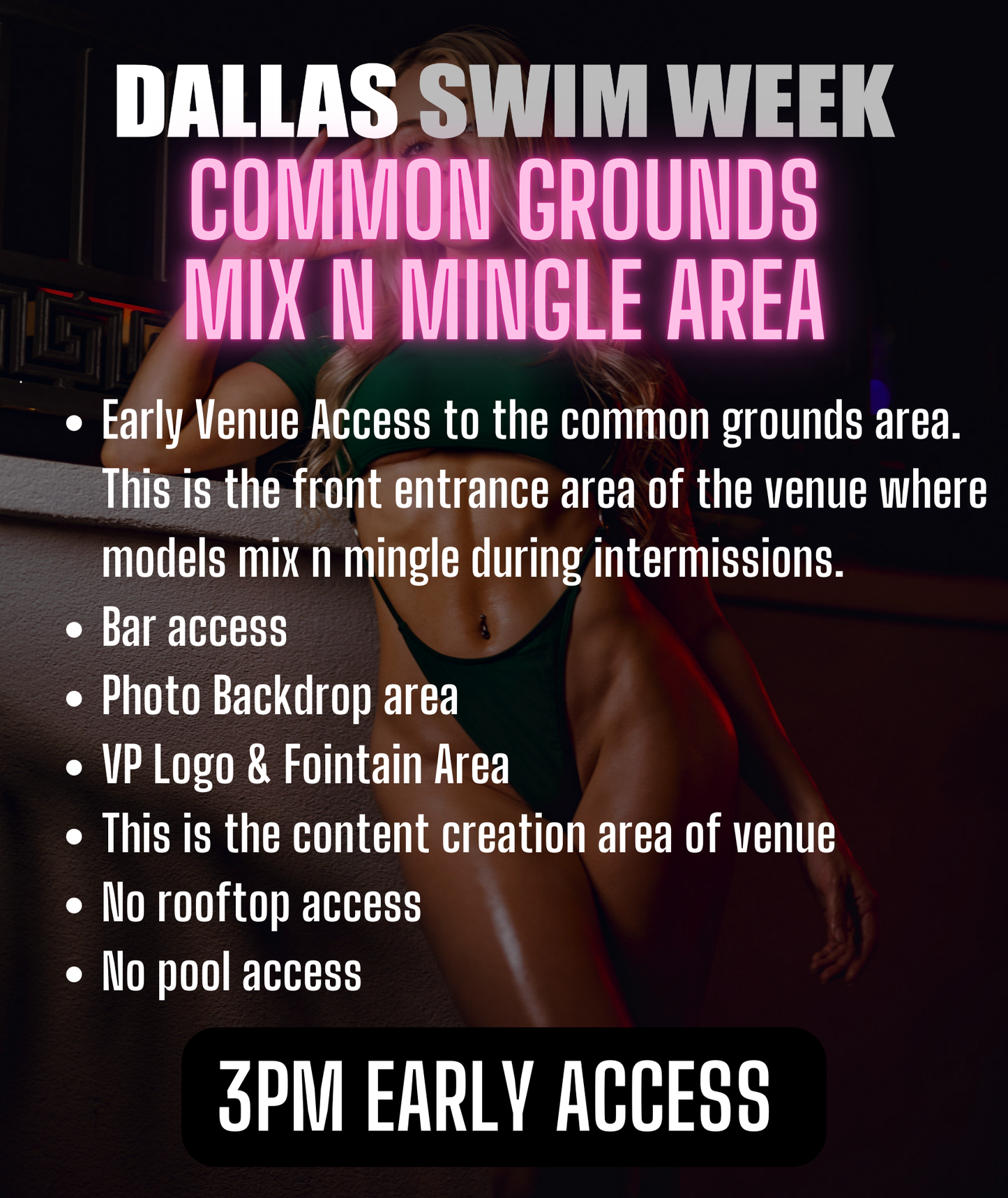 Common Grounds Mix N Mingle Area, 3pm access, Saturday, 9/28/24. No Rooftop Access, No Pool area access.